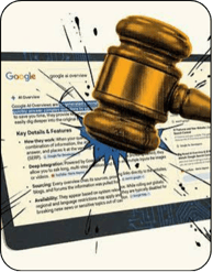 A gavel striking a tablet showing a Google AI Overview