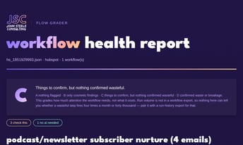 Flow Grader report preview: an automation graded step by step with findings and suggested fixes